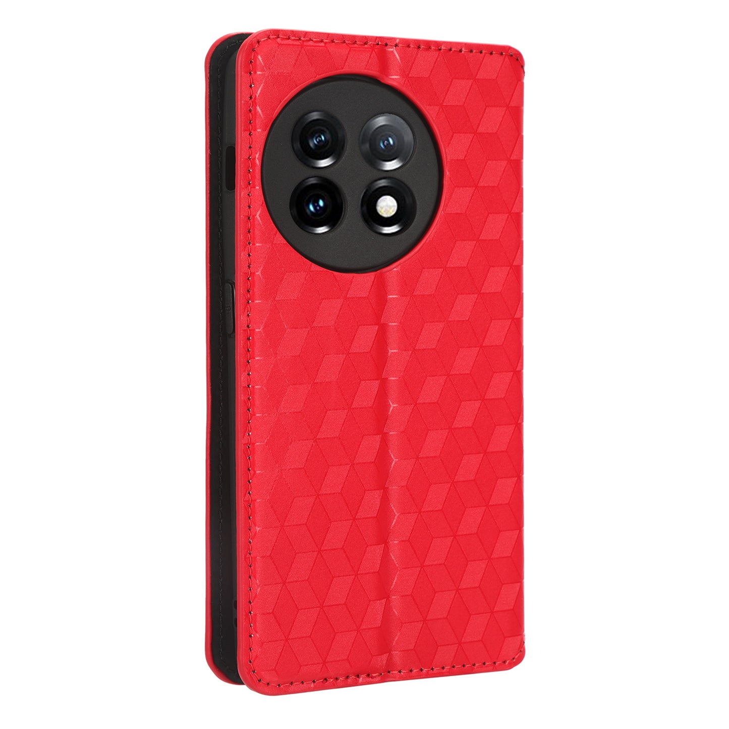 For OnePlus 11 5G Anti-scratch Protective Phone Case Stand Wallet Imprinted Rhombus Pattern PU Leather Phone Cover - Red