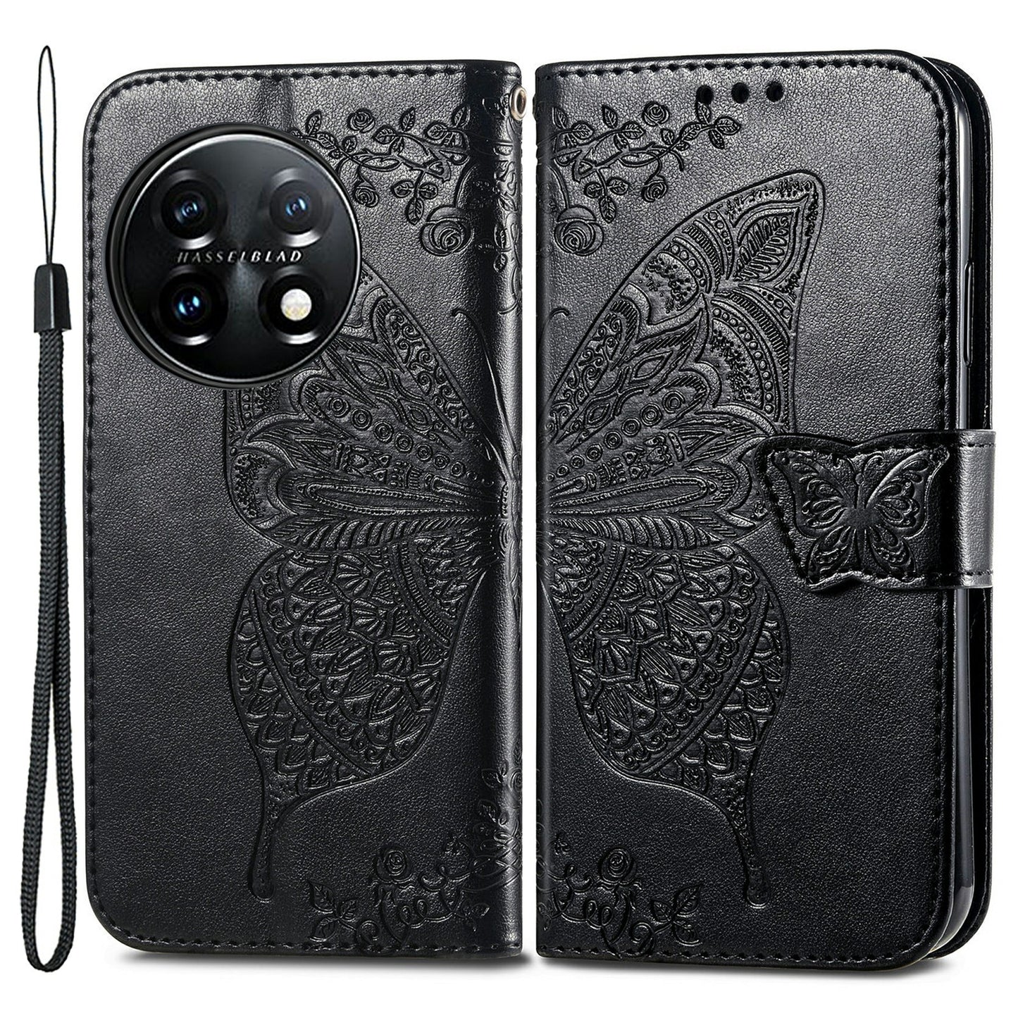 For OnePlus 11 5G PU Leather Shockproof Phone Case Imprinted Butterfly Flip Stand Wallet Cover - Black