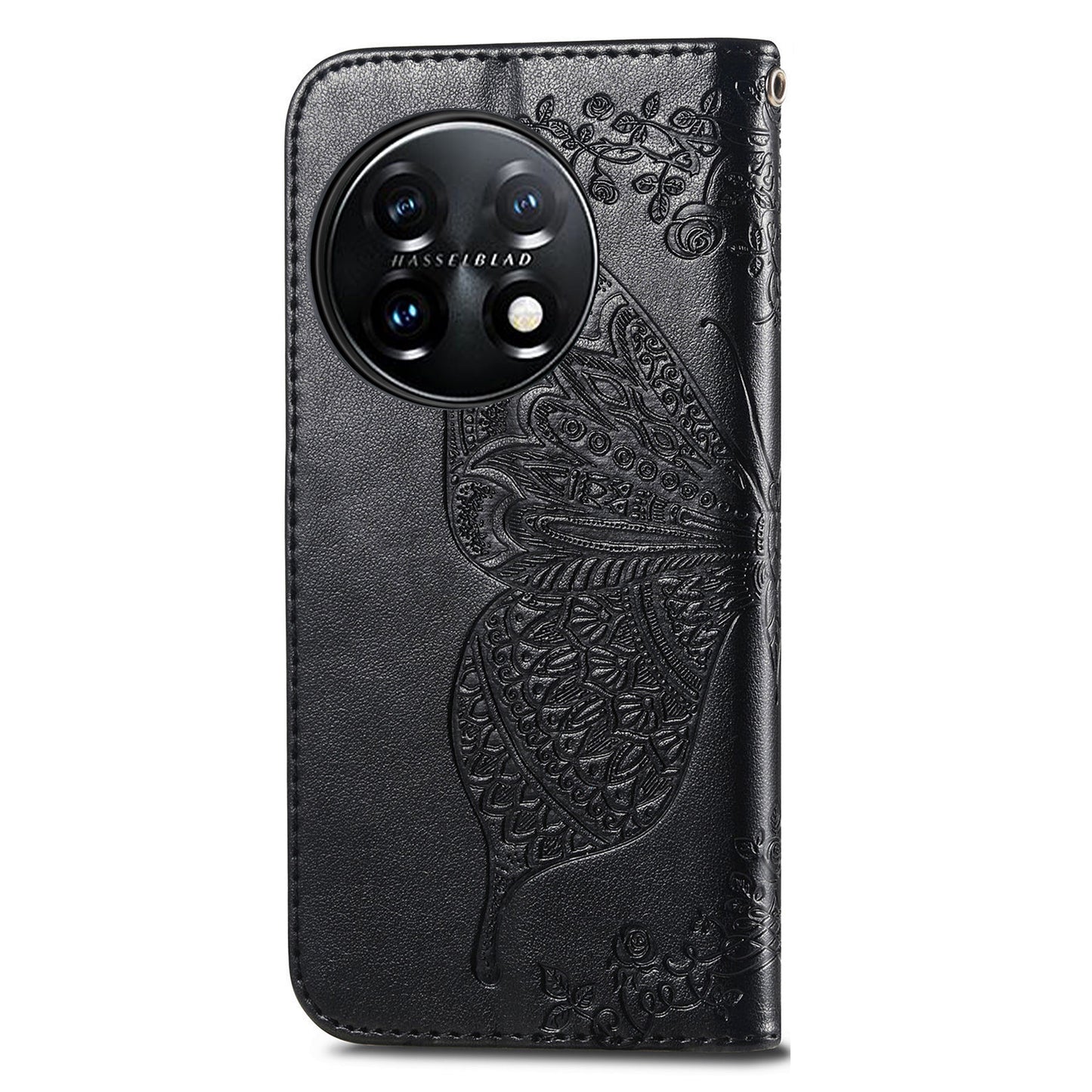 For OnePlus 11 5G PU Leather Shockproof Phone Case Imprinted Butterfly Flip Stand Wallet Cover - Black