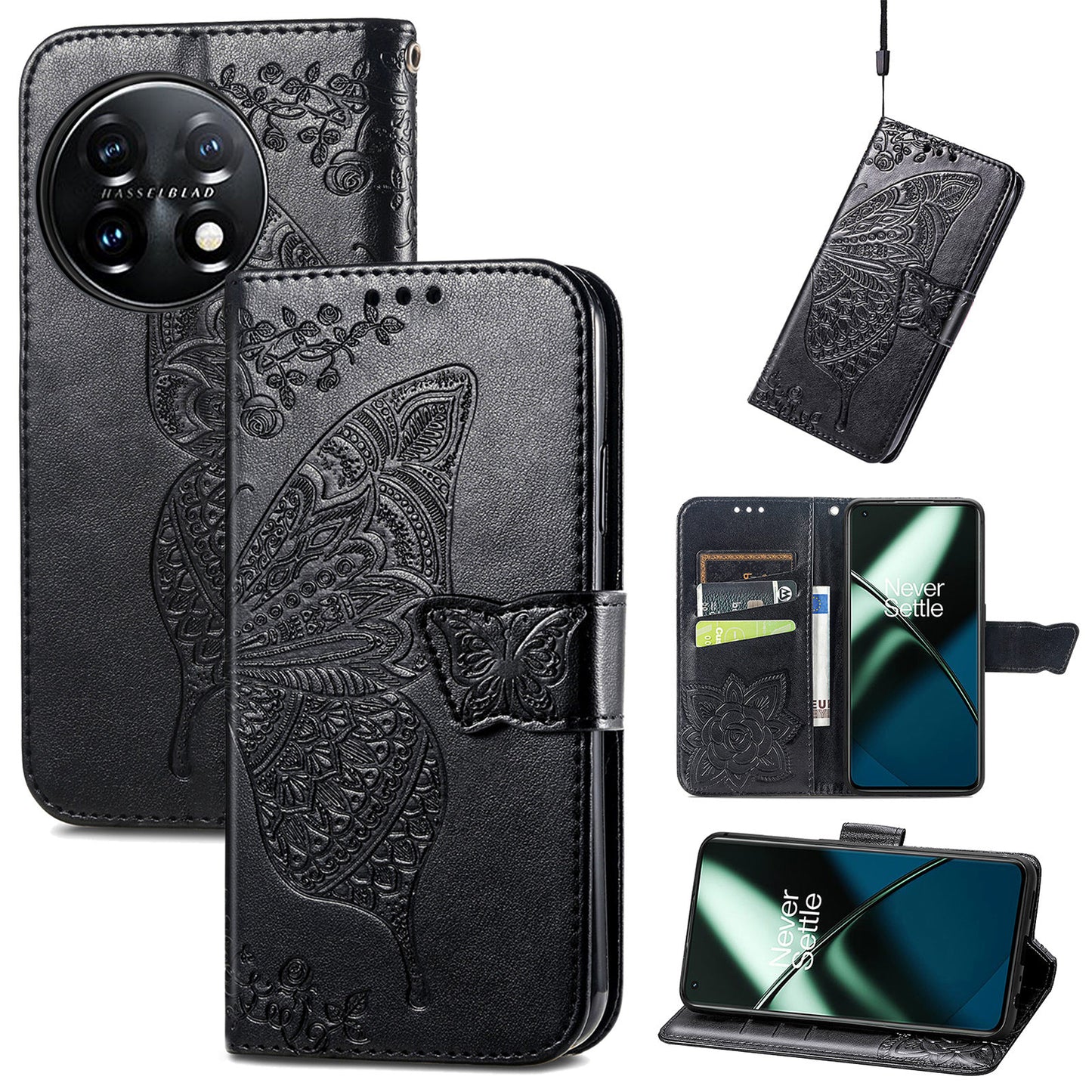 For OnePlus 11 5G PU Leather Shockproof Phone Case Imprinted Butterfly Flip Stand Wallet Cover - Black