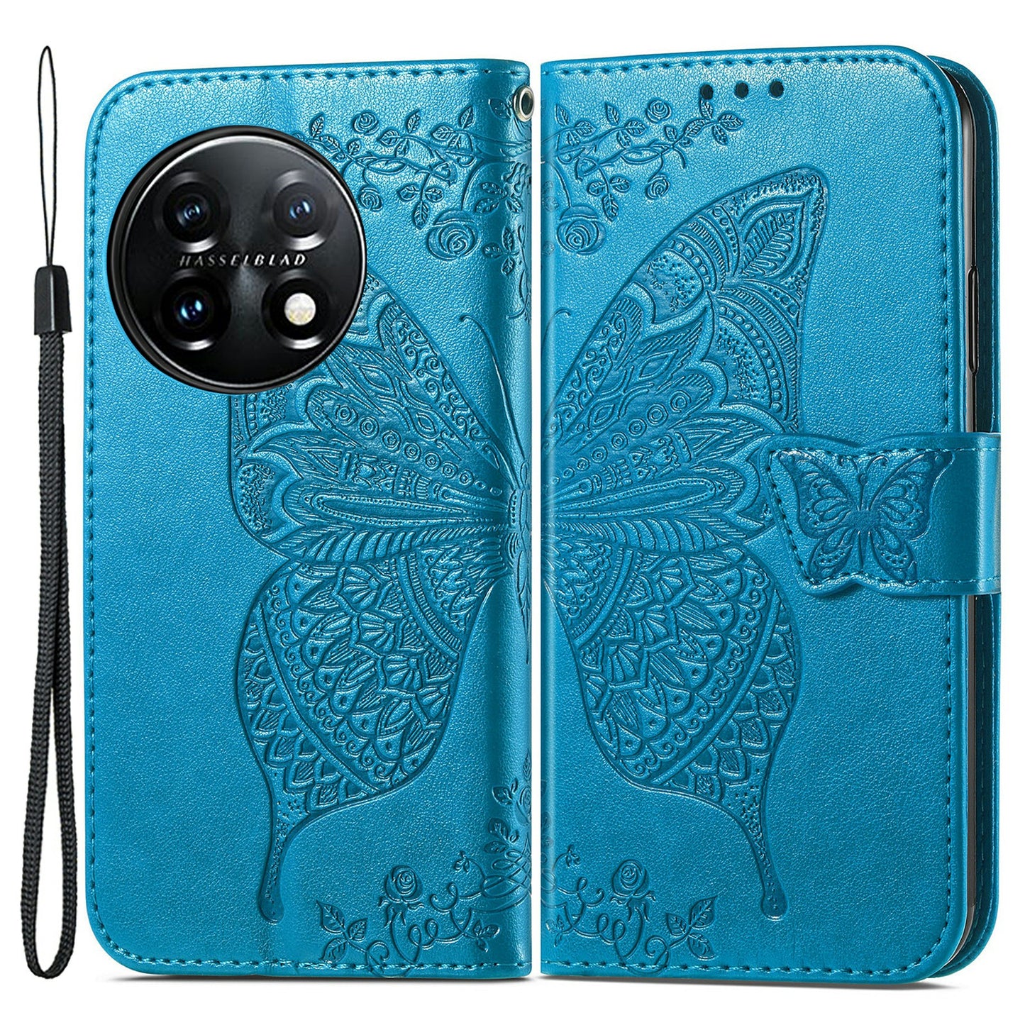 For OnePlus 11 5G PU Leather Shockproof Phone Case Imprinted Butterfly Flip Stand Wallet Cover - Blue