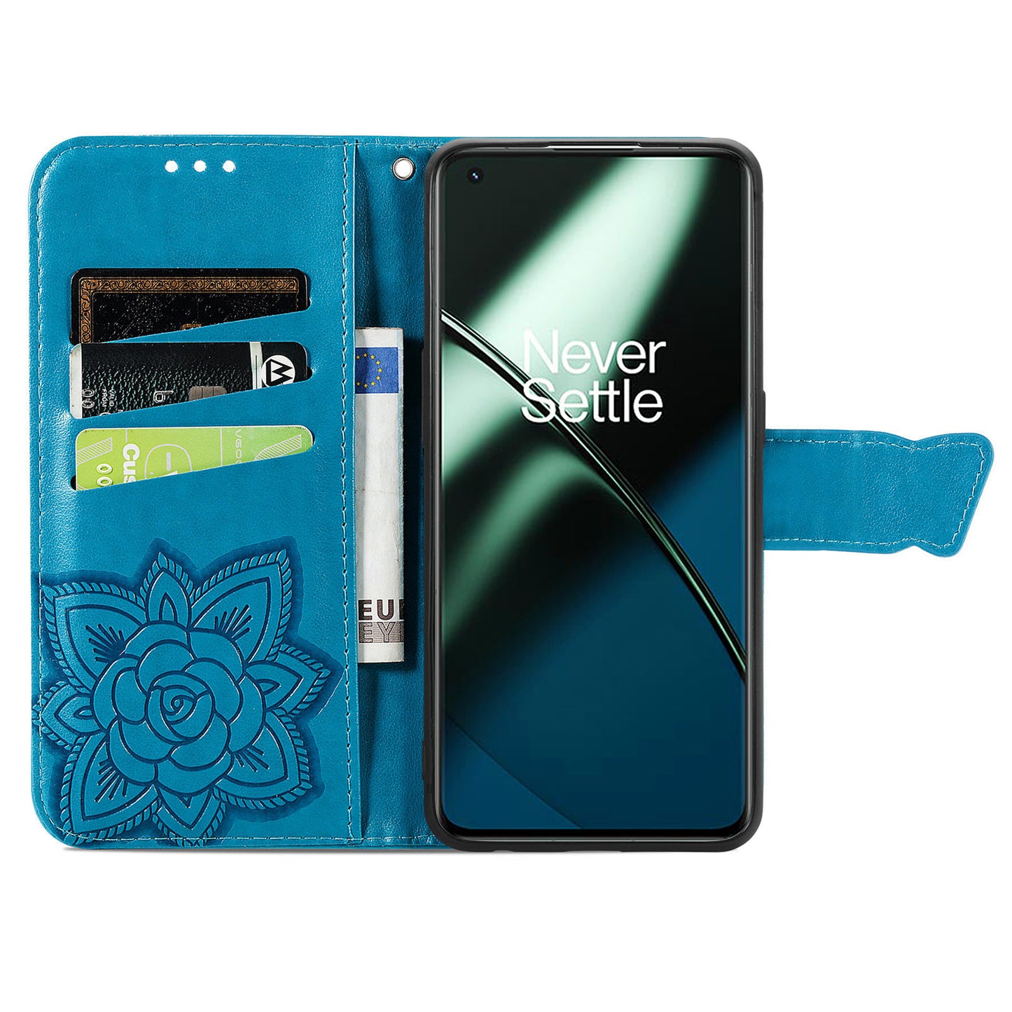 For OnePlus 11 5G PU Leather Shockproof Phone Case Imprinted Butterfly Flip Stand Wallet Cover - Blue