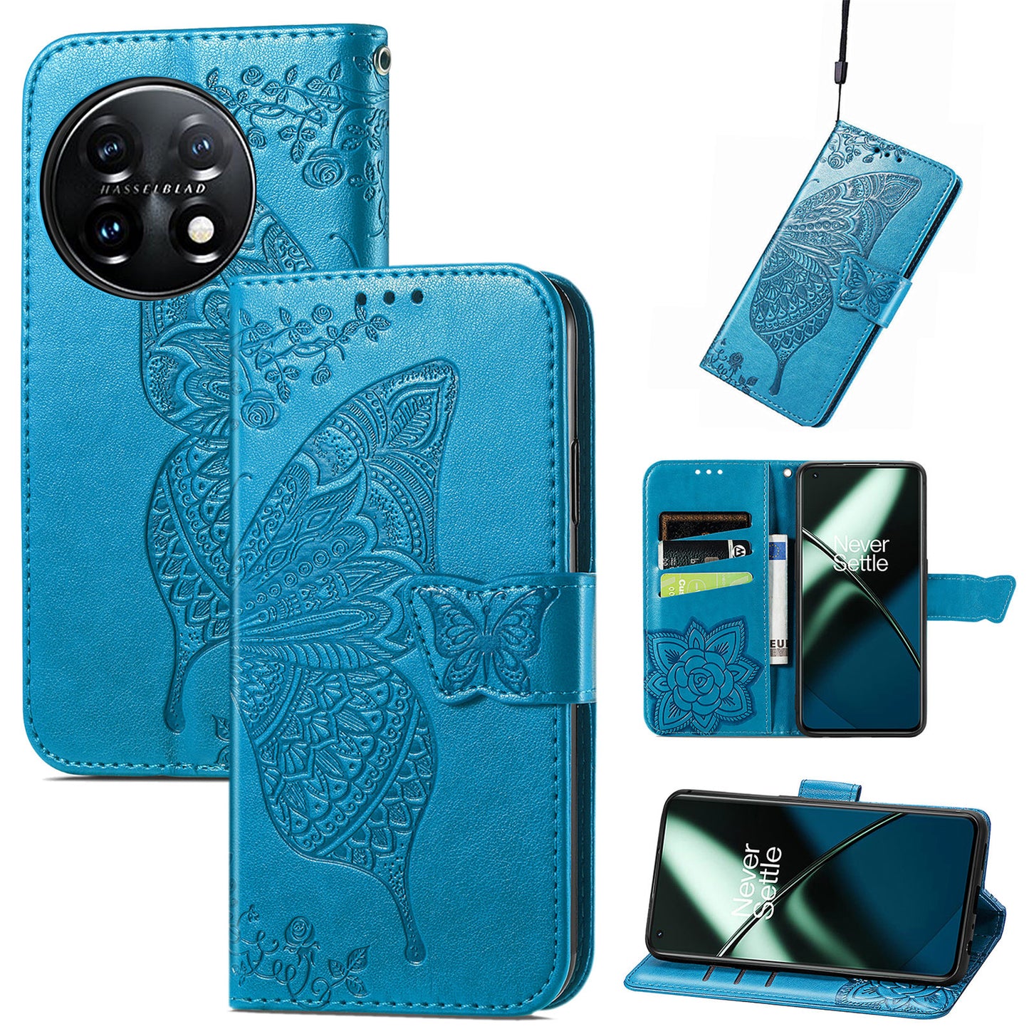 For OnePlus 11 5G PU Leather Shockproof Phone Case Imprinted Butterfly Flip Stand Wallet Cover - Blue