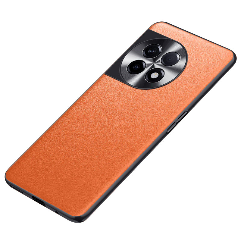 For OnePlus 11 5G PU Leather Coated TPU + PC Non-Slip Case Metal Lens Design Protective Phone Cover - Orange