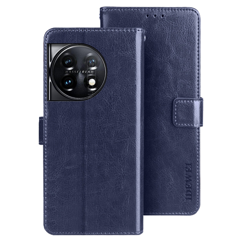 IDEWEI For OnePlus 11 5G Stand Crazy Horse Texture Wallet Cover Anti-Scratch PU Leather Phone Flip Case - Dark Blue