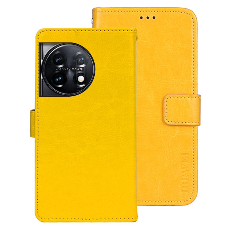 IDEWEI For OnePlus 11 5G Stand Crazy Horse Texture Wallet Cover Anti-Scratch PU Leather Phone Flip Case - Yellow