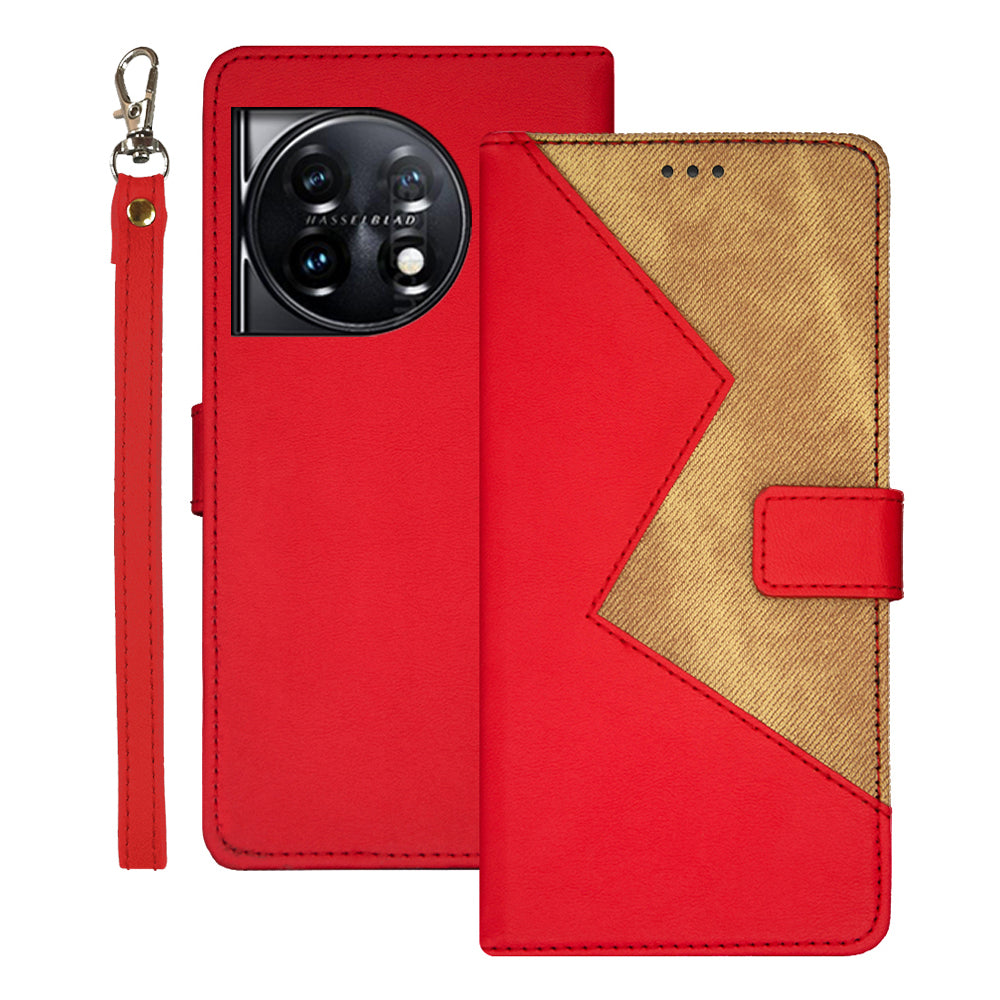 IDEWEI For OnePlus 11 5G Color Splicing Leather Magnetic Cover Phone Case with Card Slots and Wrist Strap - Red
