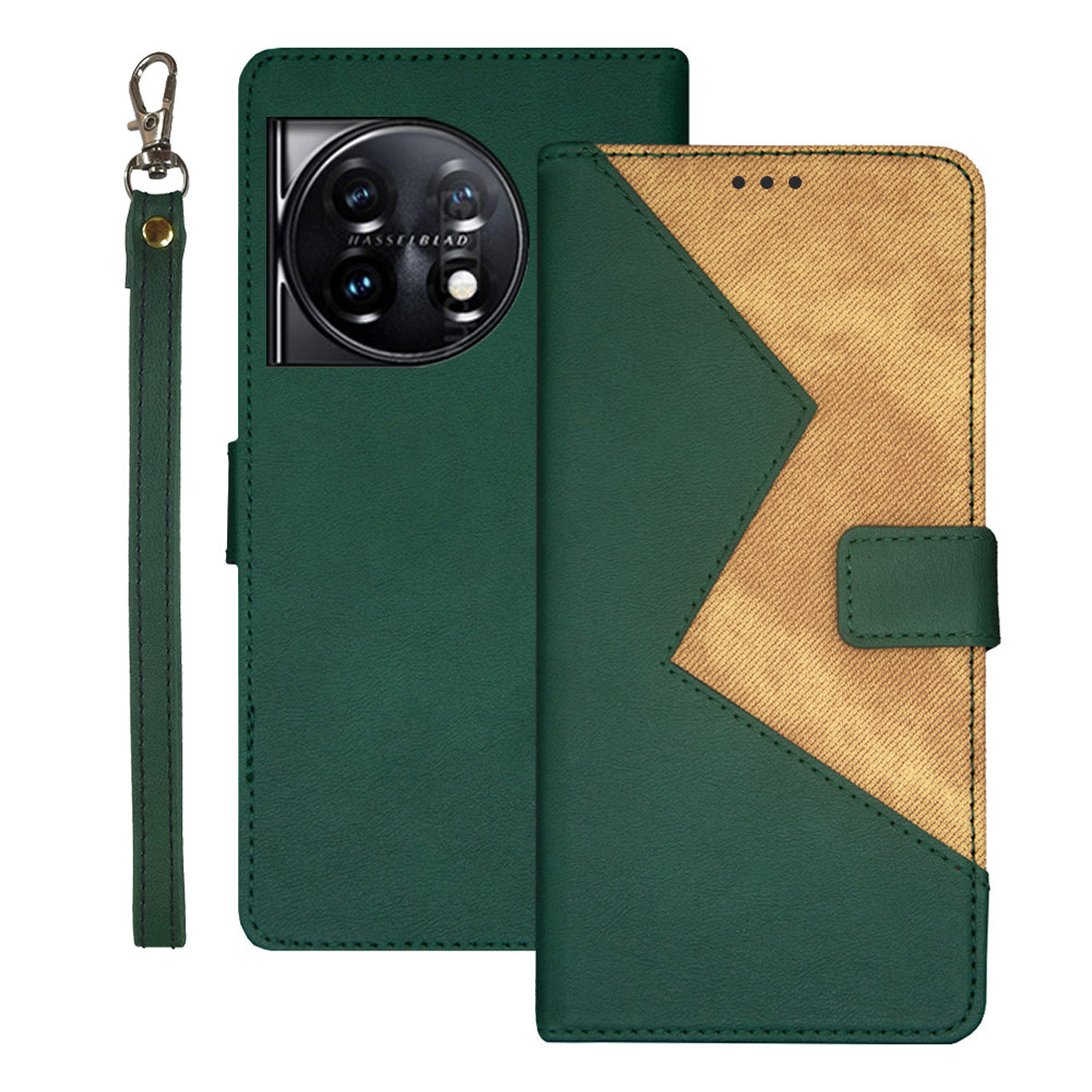 IDEWEI For OnePlus 11 5G Color Splicing Leather Magnetic Cover Phone Case with Card Slots and Wrist Strap - Green