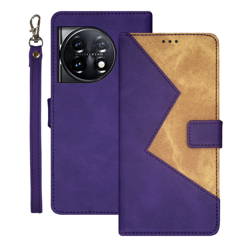 IDEWEI For OnePlus 11 5G Color Splicing Leather Magnetic Cover Phone Case with Card Slots and Wrist Strap - Purple