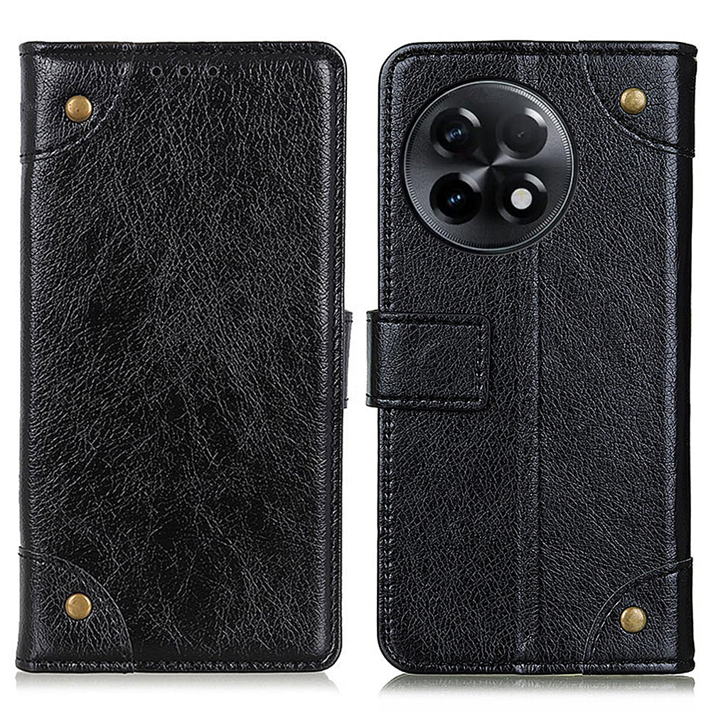For OnePlus Ace 2 5G / 11R 5G Brass Button Decor Leather Phone Cover Stand Wallet Phone Case - Black
