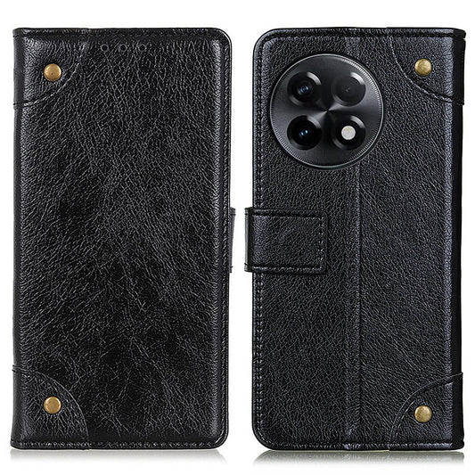 For OnePlus Ace 2 5G / 11R 5G Brass Button Decor Leather Phone Cover Stand Wallet Phone Case - Black