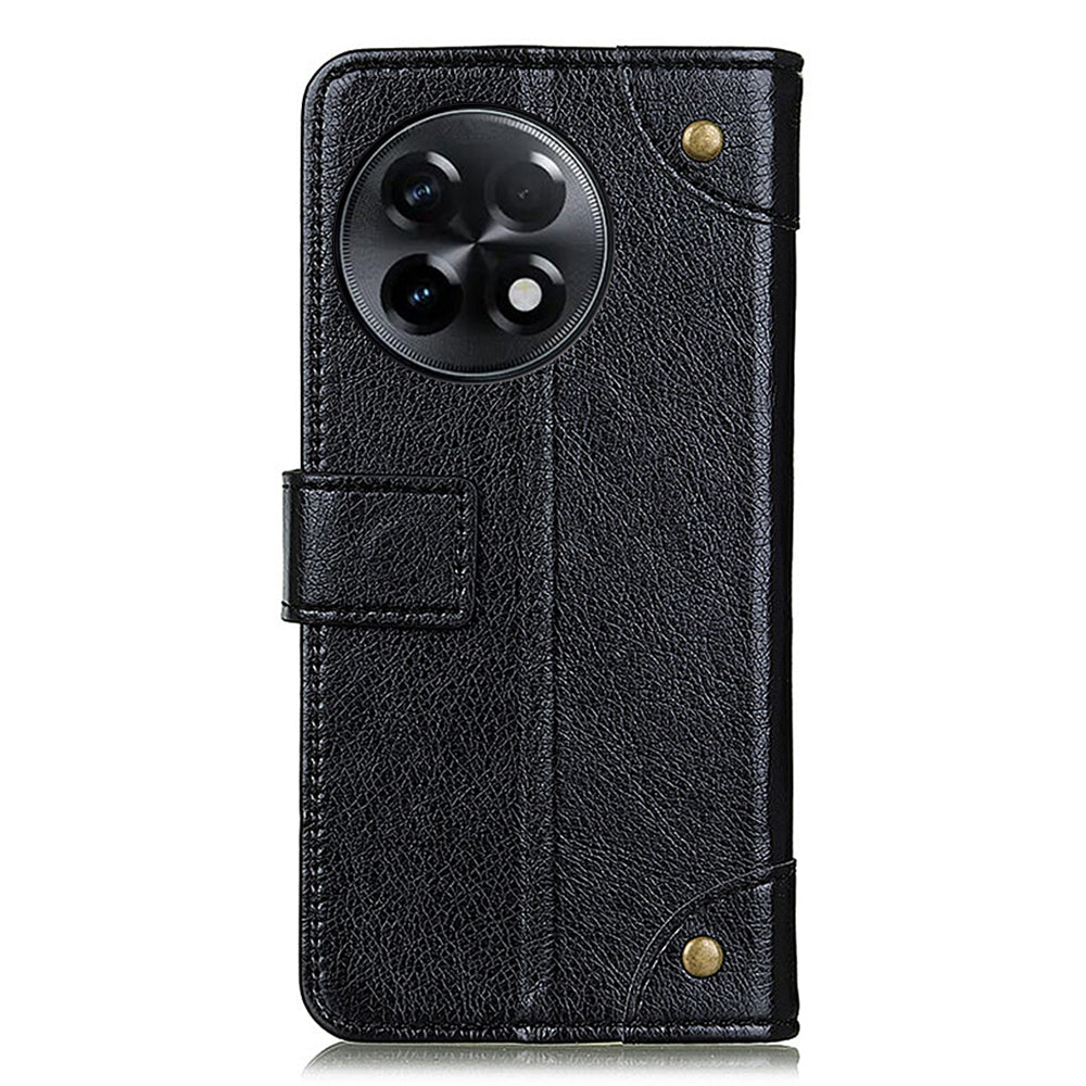For OnePlus Ace 2 5G / 11R 5G Brass Button Decor Leather Phone Cover Stand Wallet Phone Case - Black