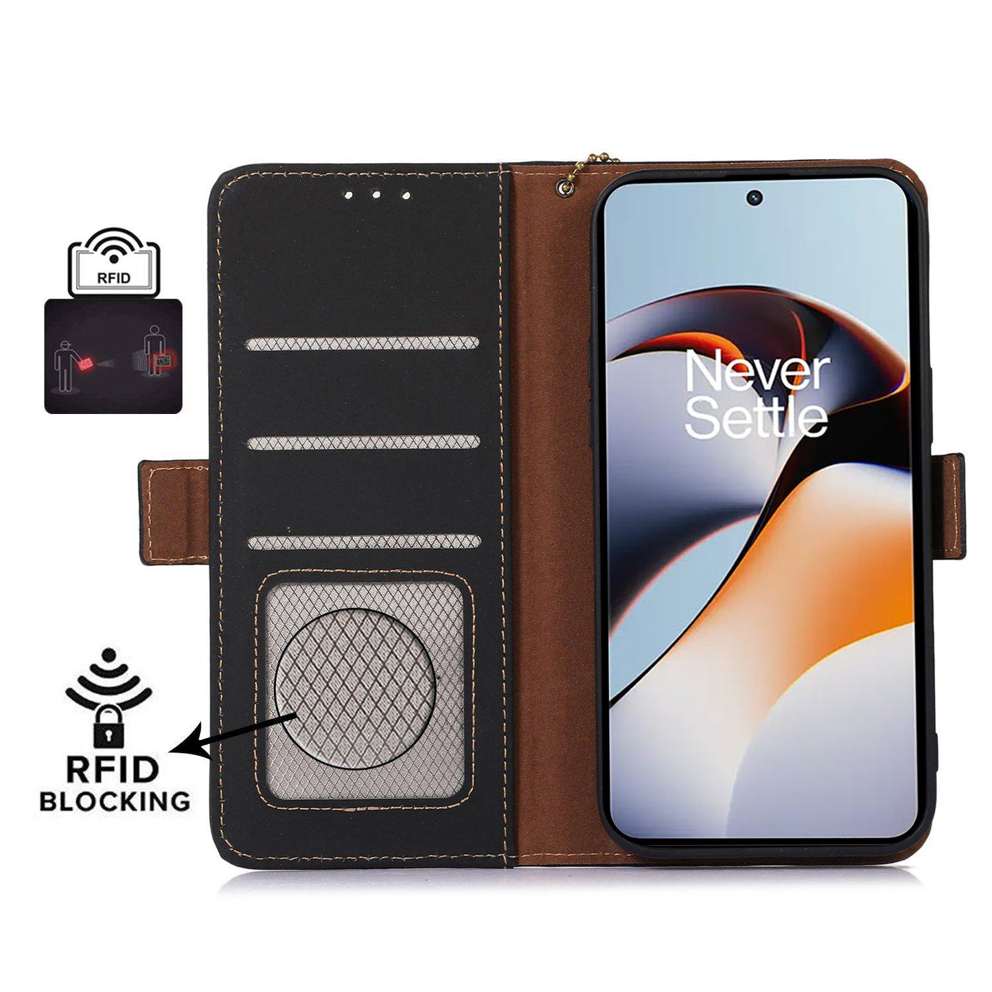 For OnePlus Ace 2 5G / 11R 5G Phone Case Genuine Cow Leather Wallet RFID Blocking Stand Magnetic Flip Cover - Black