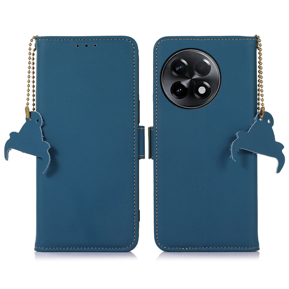 For OnePlus Ace 2 5G / 11R 5G Phone Case Genuine Cow Leather Wallet RFID Blocking Stand Magnetic Flip Cover - Blue