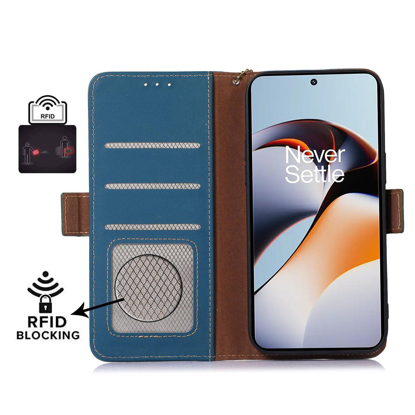 For OnePlus Ace 2 5G / 11R 5G Phone Case Genuine Cow Leather Wallet RFID Blocking Stand Magnetic Flip Cover - Blue