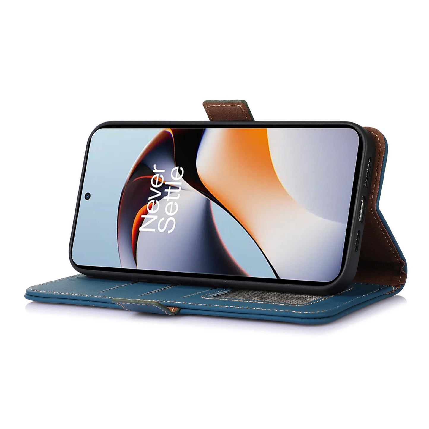 For OnePlus Ace 2 5G / 11R 5G Phone Case Genuine Cow Leather Wallet RFID Blocking Stand Magnetic Flip Cover - Blue