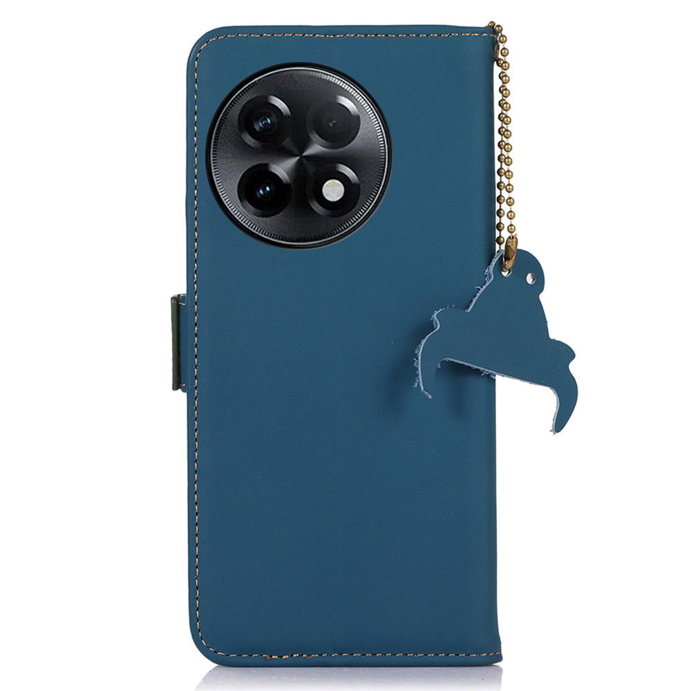 For OnePlus Ace 2 5G / 11R 5G Phone Case Genuine Cow Leather Wallet RFID Blocking Stand Magnetic Flip Cover - Blue