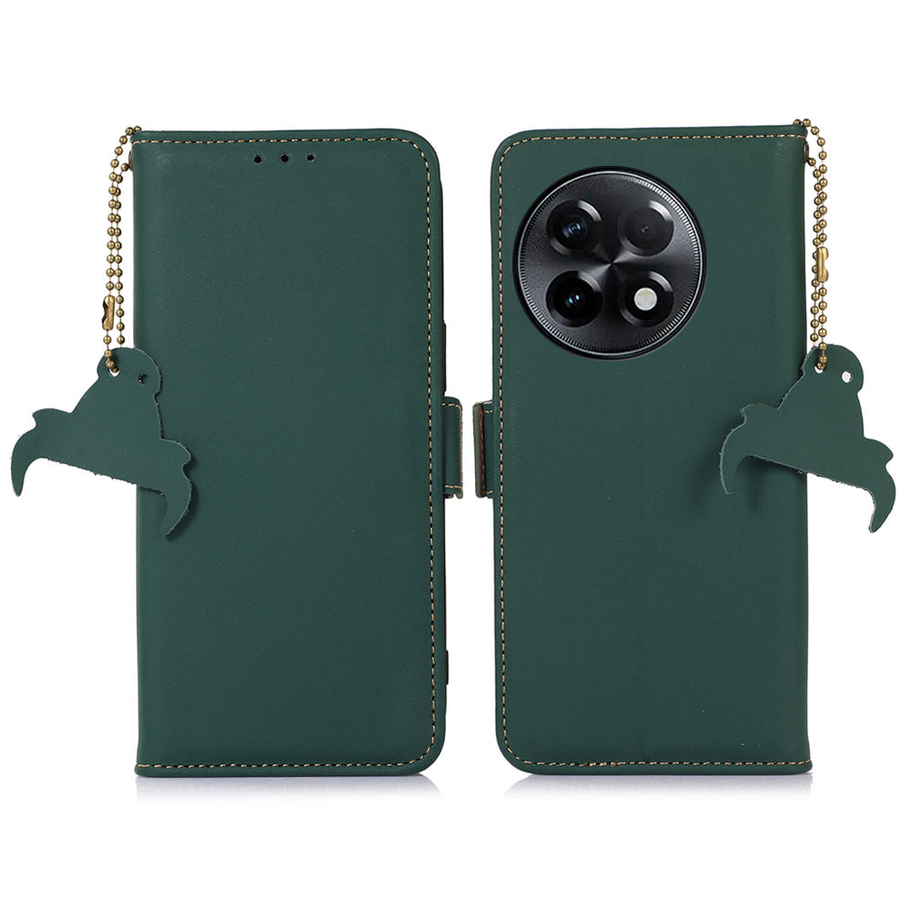 For OnePlus Ace 2 5G / 11R 5G Phone Case Genuine Cow Leather Wallet RFID Blocking Stand Magnetic Flip Cover - Green