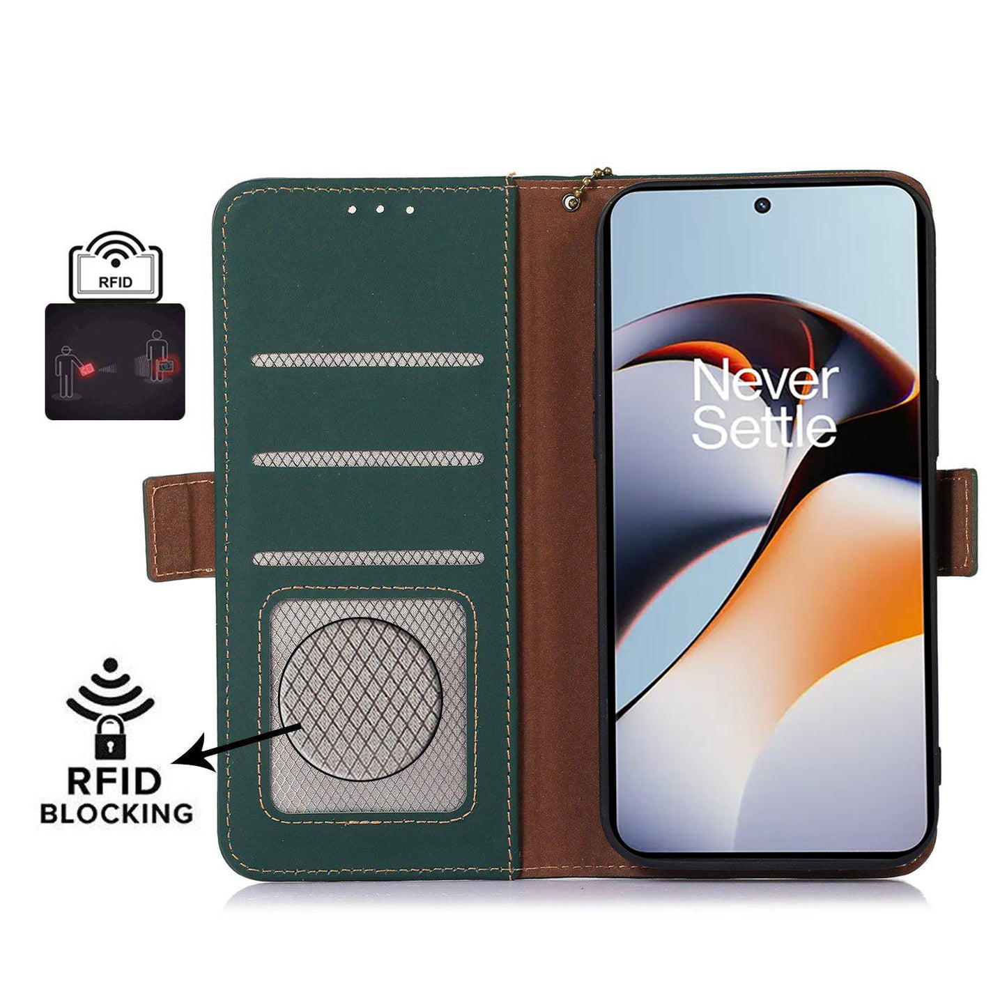 For OnePlus Ace 2 5G / 11R 5G Phone Case Genuine Cow Leather Wallet RFID Blocking Stand Magnetic Flip Cover - Green