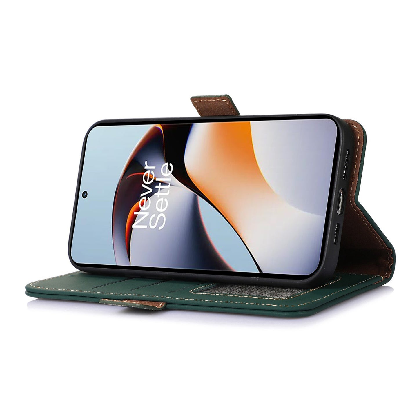 For OnePlus Ace 2 5G / 11R 5G Phone Case Genuine Cow Leather Wallet RFID Blocking Stand Magnetic Flip Cover - Green