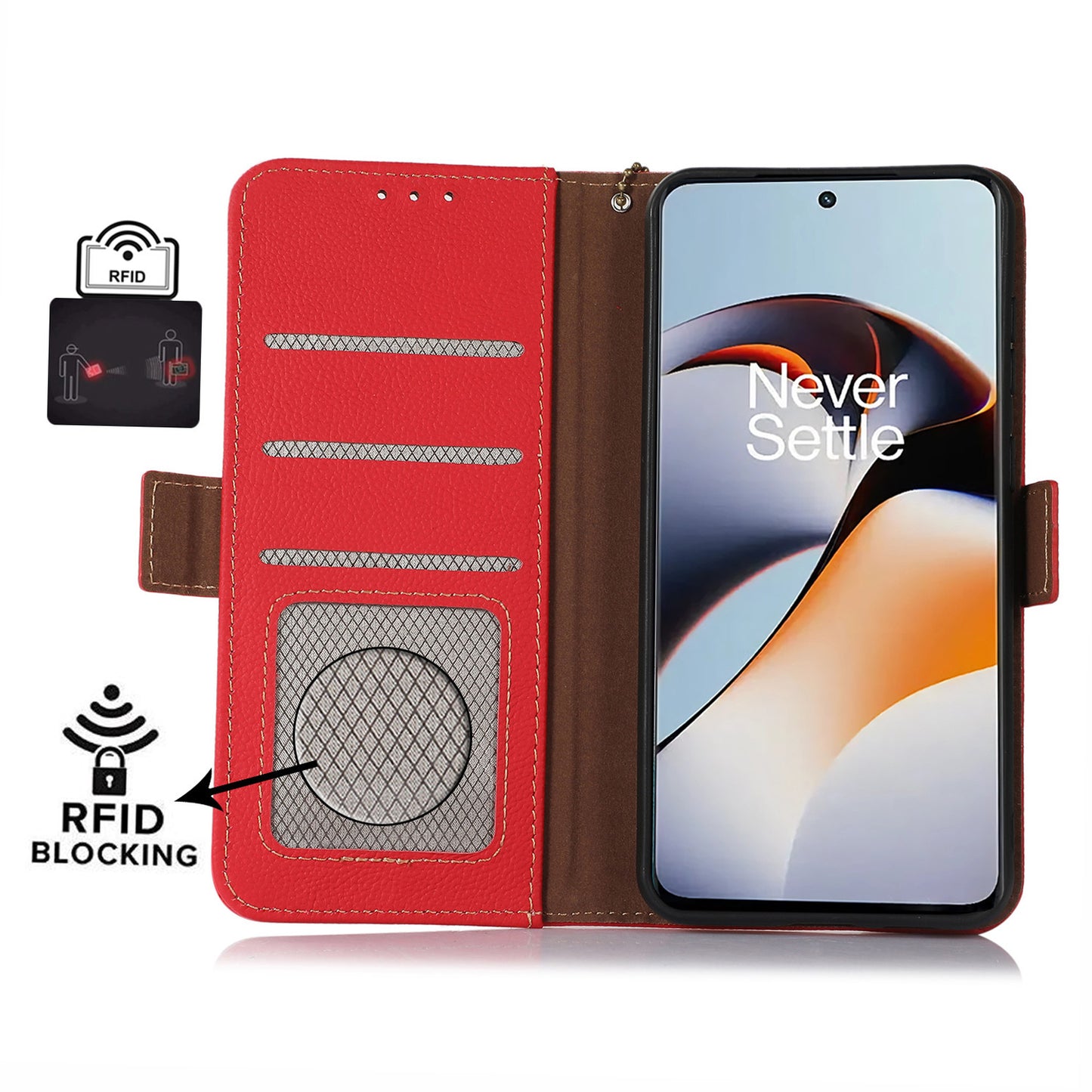 TJ for OnePlus Ace 2 5G / 11R 5G Wallet Phone Cover RFID Blocking Genuine Cow Leather Stand Protective Phone Case - Red