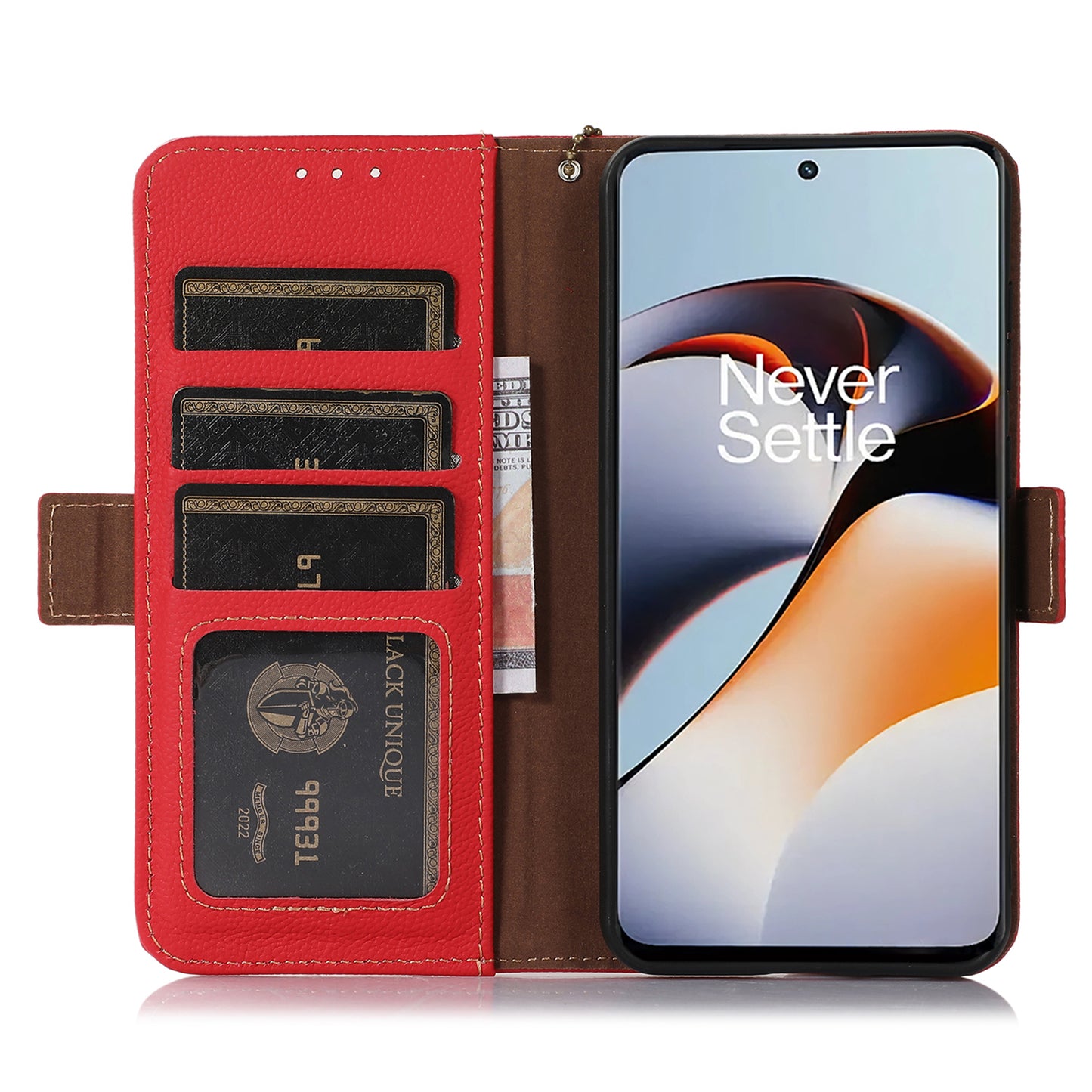 TJ for OnePlus Ace 2 5G / 11R 5G Wallet Phone Cover RFID Blocking Genuine Cow Leather Stand Protective Phone Case - Red