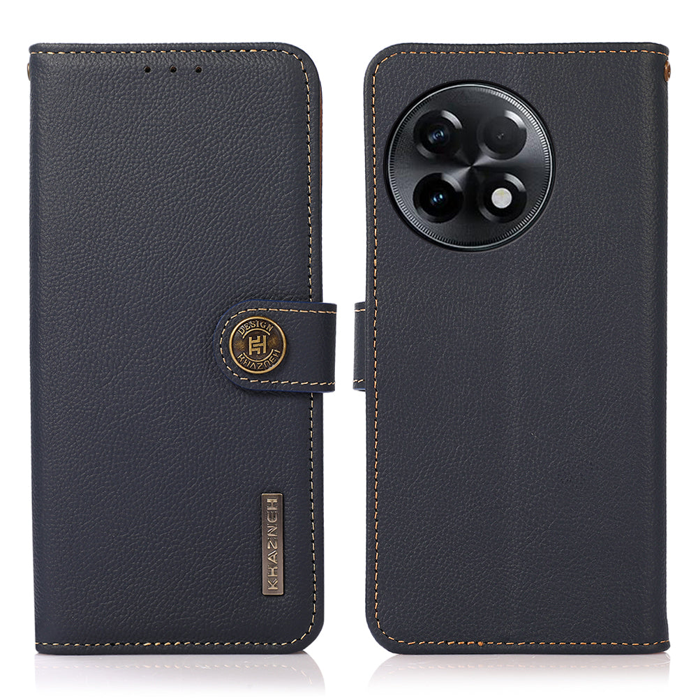 KHAZNEH For OnePlus Ace 2 5G / 11R 5G Wallet Phone Case RFID Blocking Genuine Cow Leather Cell Phone Stand Cover - Blue