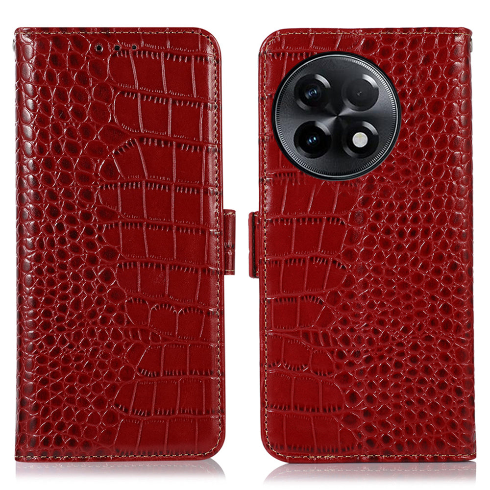 RFID Blocking Phone Case for OnePlus Ace 2 5G / 11R 5G Genuine Cowhide Leather Phone Stand Wallet Cover - Red