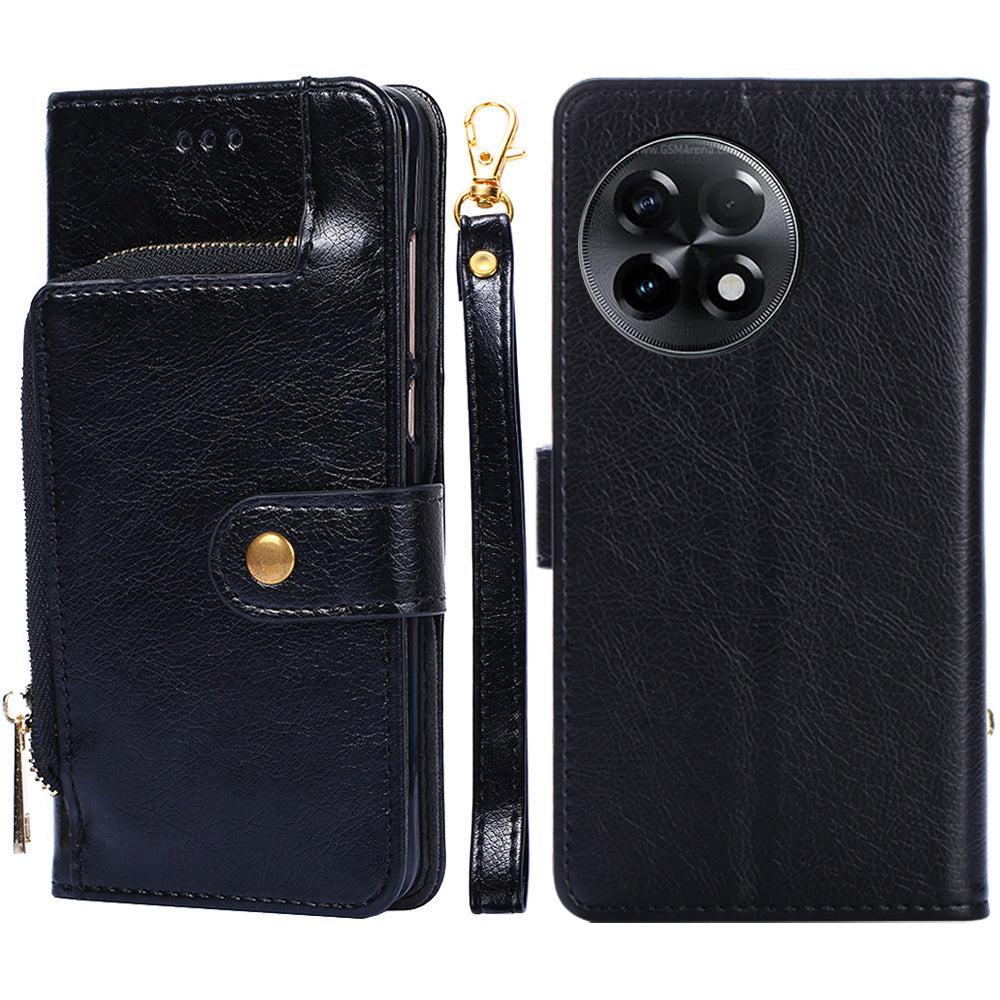 For OnePlus Ace 2 5G / 11R 5G Phone Wallet Case Zipper Pocket Leather Stand Phone Cover with Strap - Black