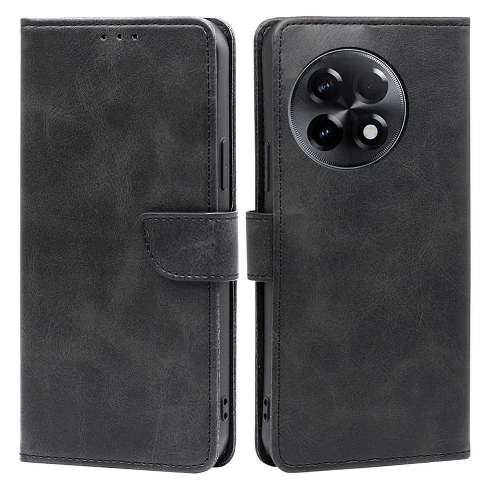 For OnePlus Ace 2 5G / 11R 5G Mobile Phone Cover Calf Texture PU Leather Wallet Stand Protective Case - Black