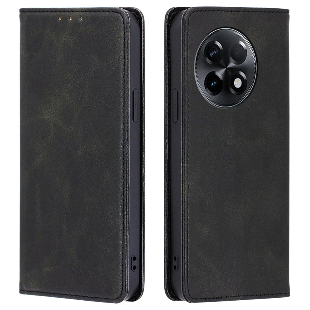 For OnePlus Ace 2 5G / 11R 5G Magnetic Auto-absorbed Leather Wallet Stand Phone Case Calf Texture Anti-drop Cover - Black