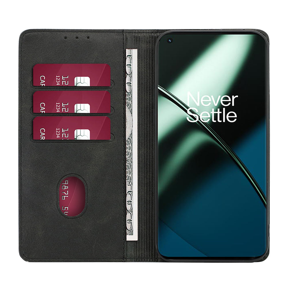 For OnePlus Ace 2 5G / 11R 5G Magnetic Auto-absorbed Leather Wallet Stand Phone Case Calf Texture Anti-drop Cover - Black
