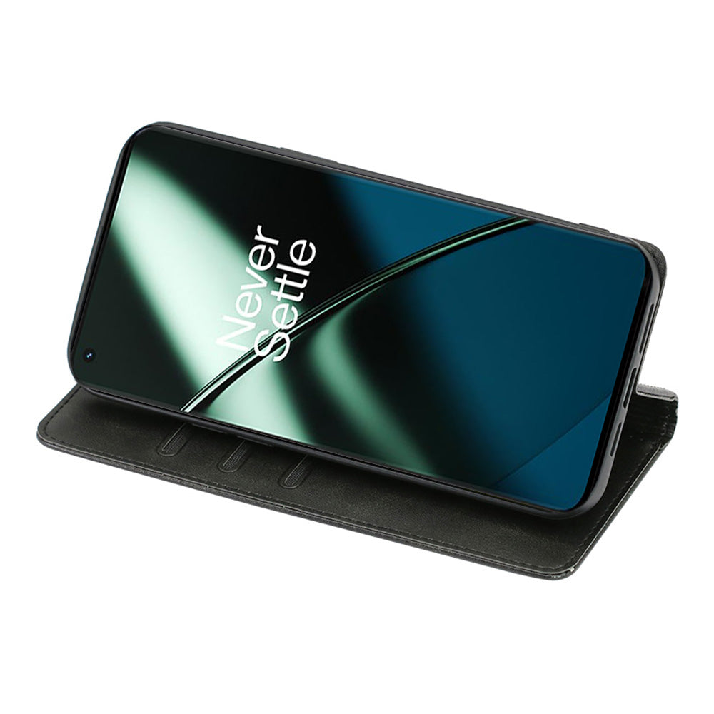 For OnePlus Ace 2 5G / 11R 5G Magnetic Auto-absorbed Leather Wallet Stand Phone Case Calf Texture Anti-drop Cover - Black