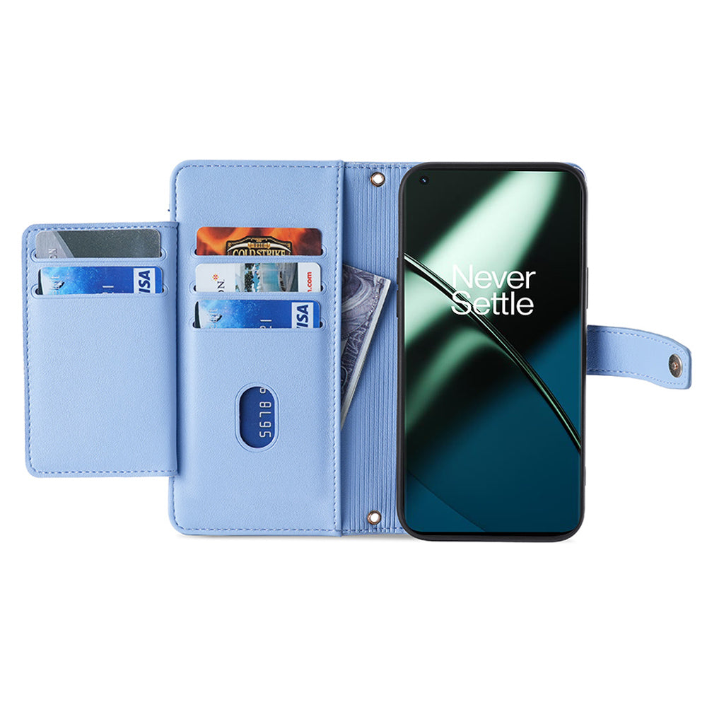 For OnePlus Ace 2 5G / 11R 5G Wallet Phone Case PU Leather Card Slots Zipper Pocket Stand Cover with Straps - Blue
