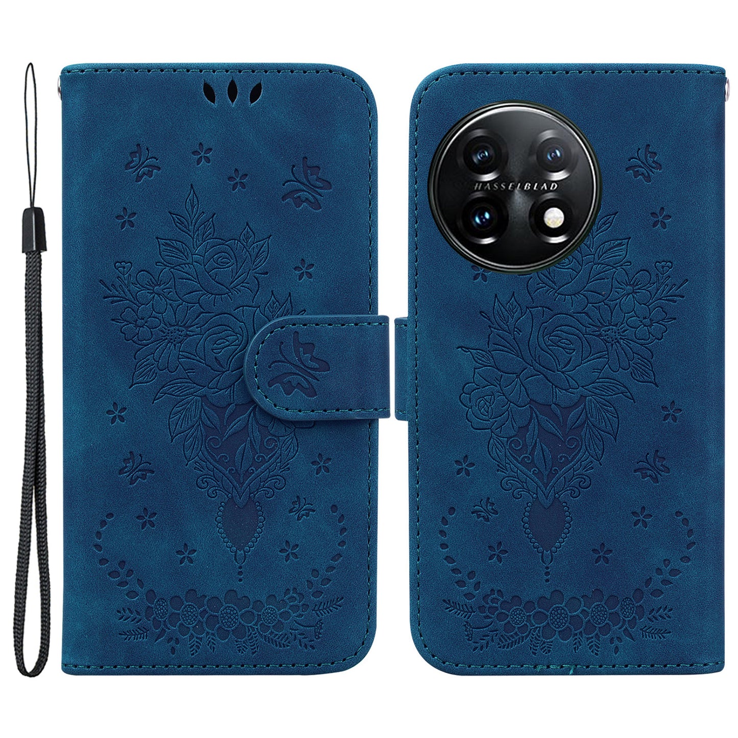 Phone Wallet Case for OnePlus 11 5G PU Leather Rose Butterfly Imprinted Stand Cell Phone Cover - Blue