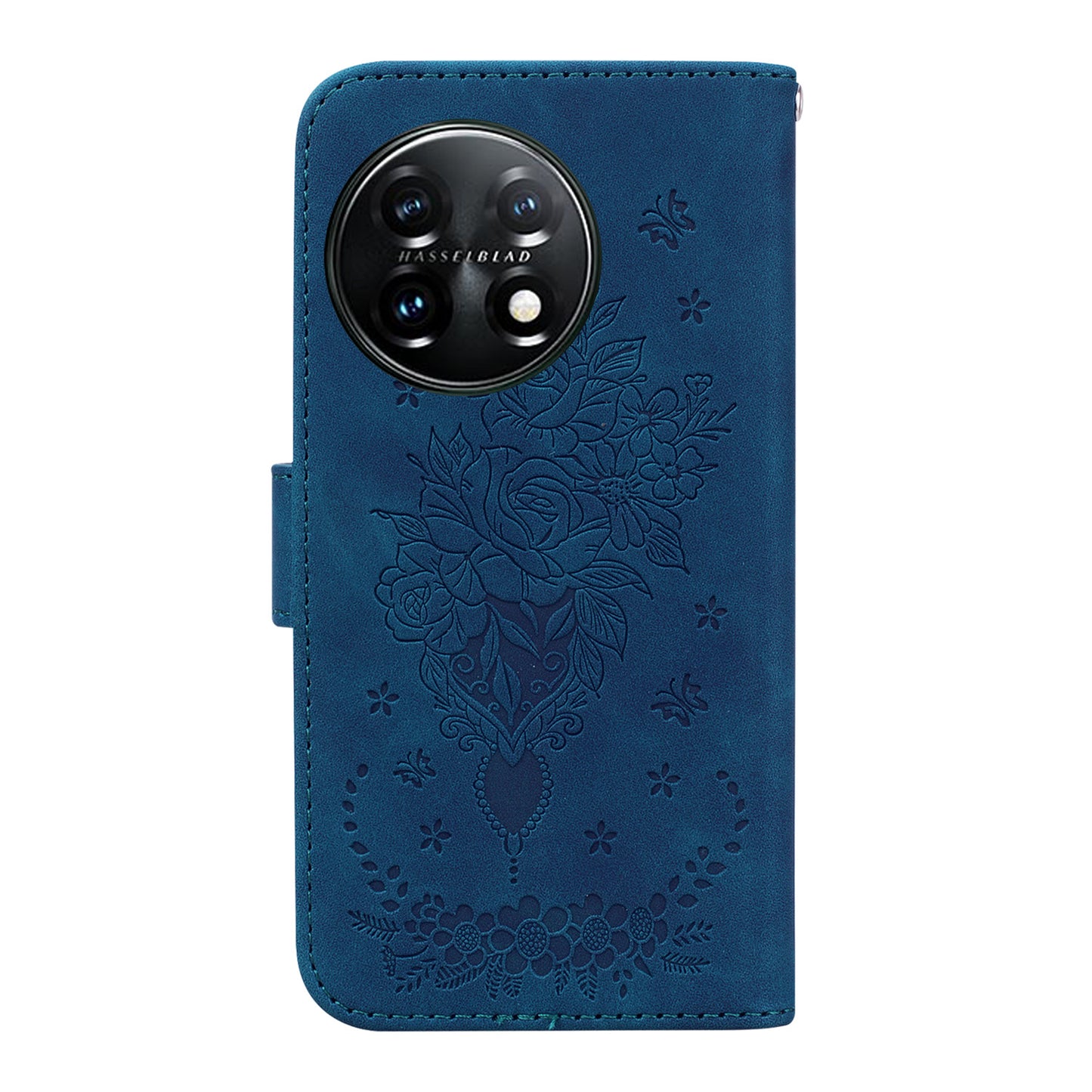 Phone Wallet Case for OnePlus 11 5G PU Leather Rose Butterfly Imprinted Stand Cell Phone Cover - Blue