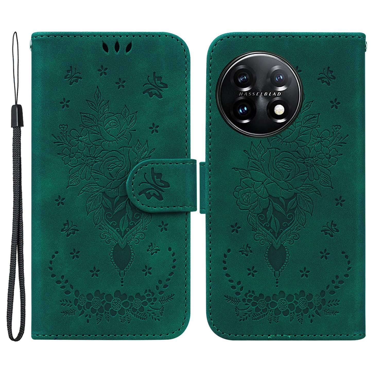 Phone Wallet Case for OnePlus 11 5G PU Leather Rose Butterfly Imprinted Stand Cell Phone Cover - Green