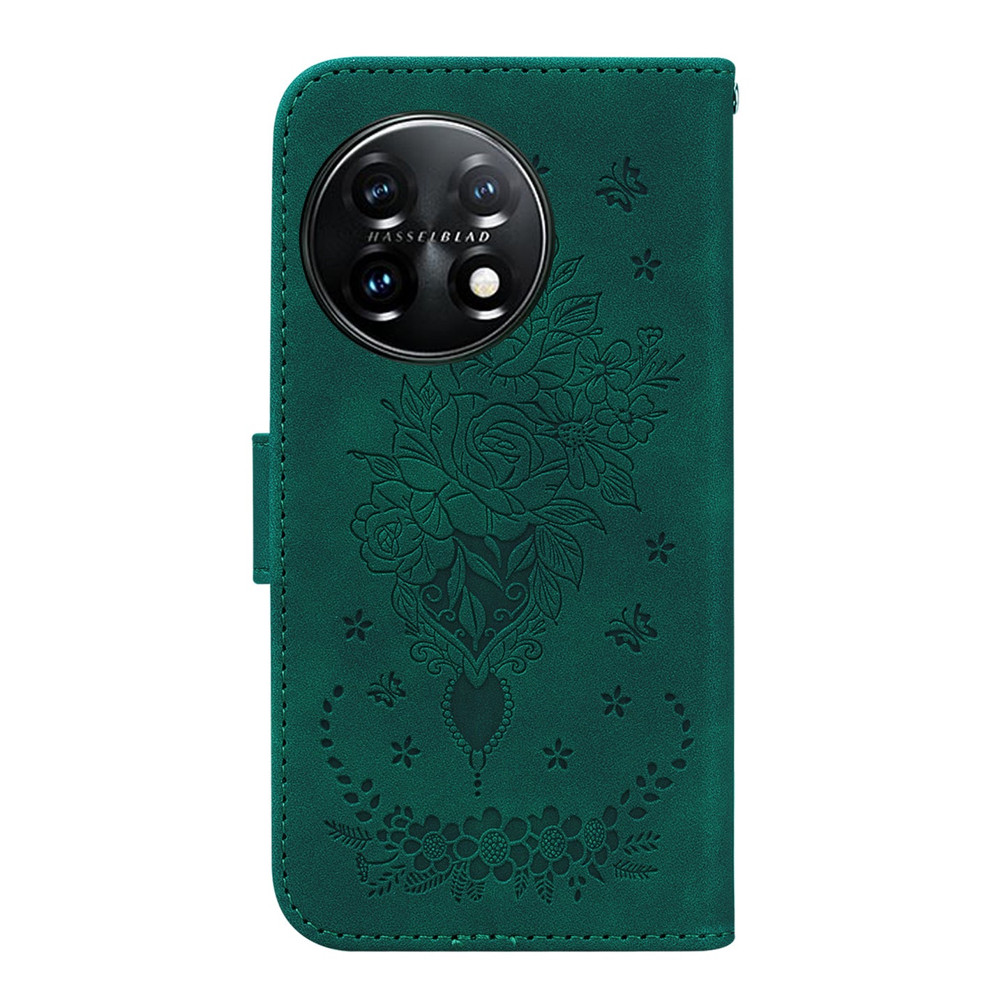 Phone Wallet Case for OnePlus 11 5G PU Leather Rose Butterfly Imprinted Stand Cell Phone Cover - Green