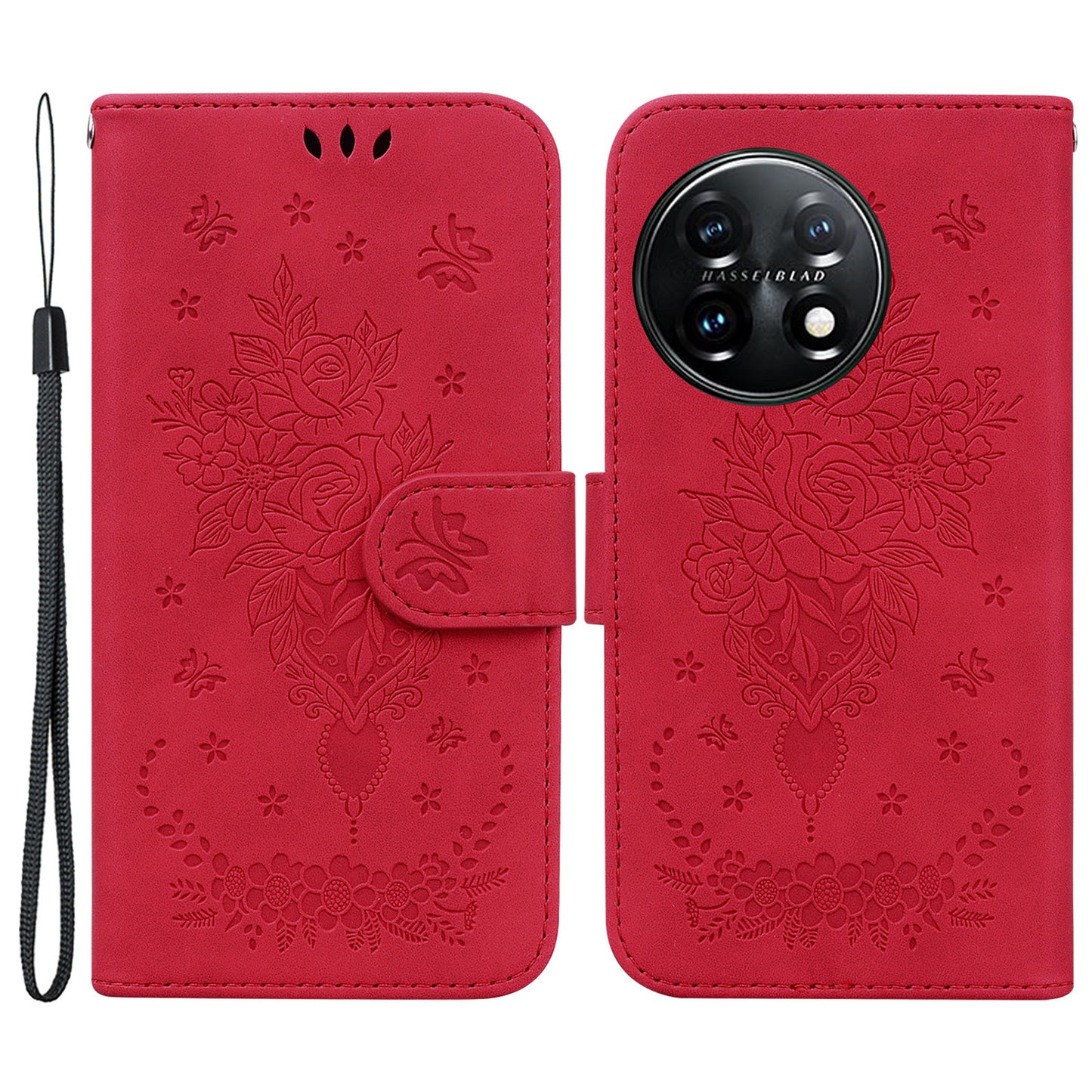Phone Wallet Case for OnePlus 11 5G PU Leather Rose Butterfly Imprinted Stand Cell Phone Cover - Red