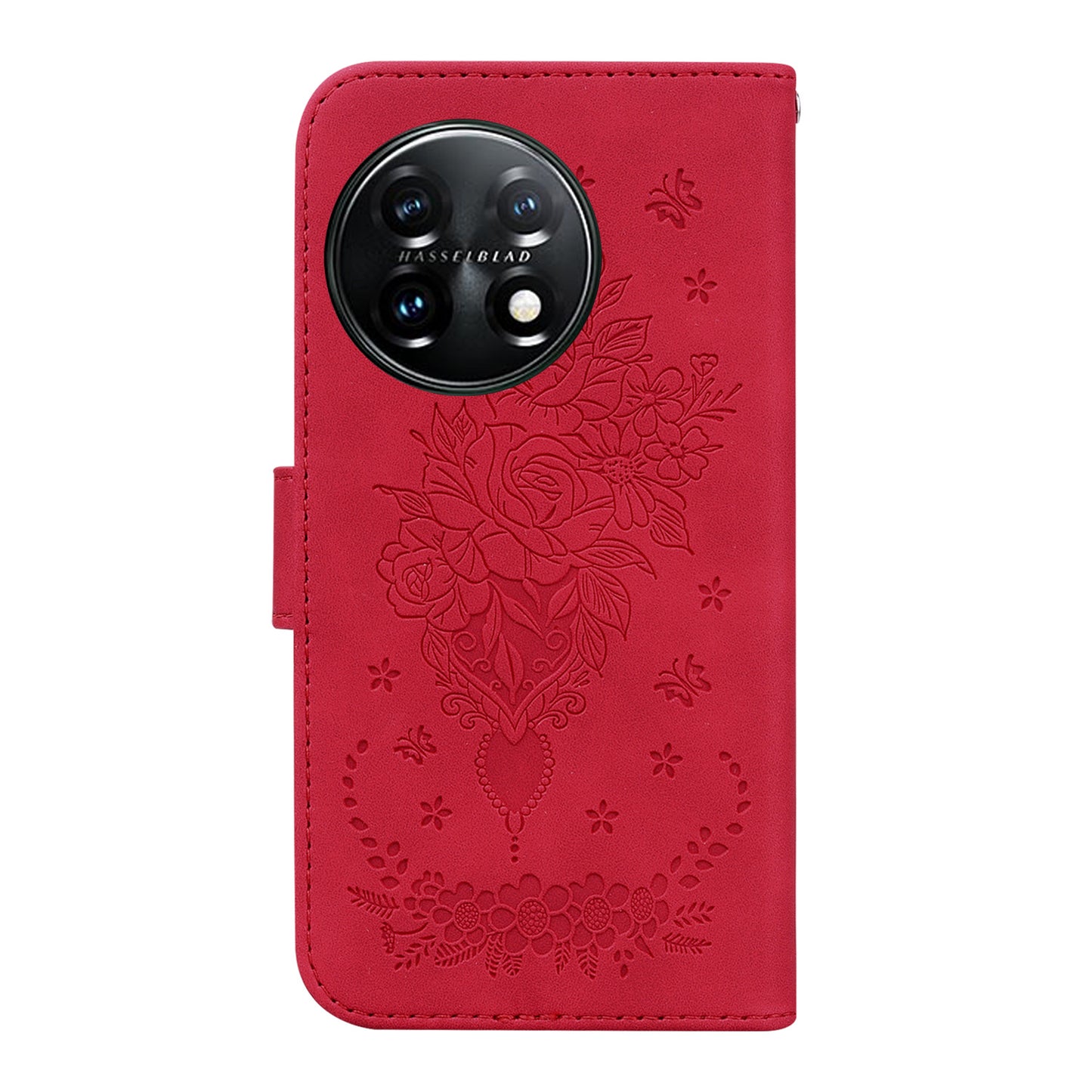 Phone Wallet Case for OnePlus 11 5G PU Leather Rose Butterfly Imprinted Stand Cell Phone Cover - Red