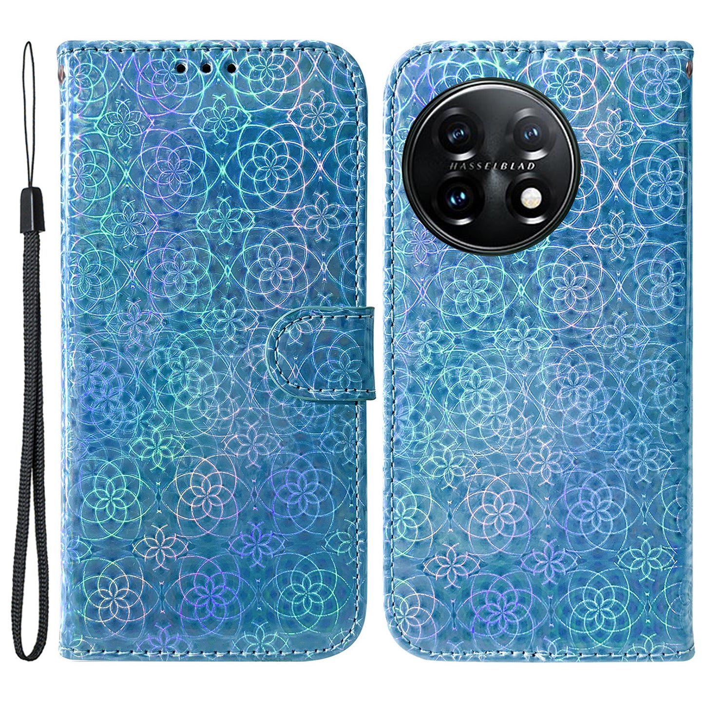 For OnePlus 11 5G Drop-proof Phone Case Dazzling Flower Pattern Wallet Stand PU Leather Phone Cover - Blue