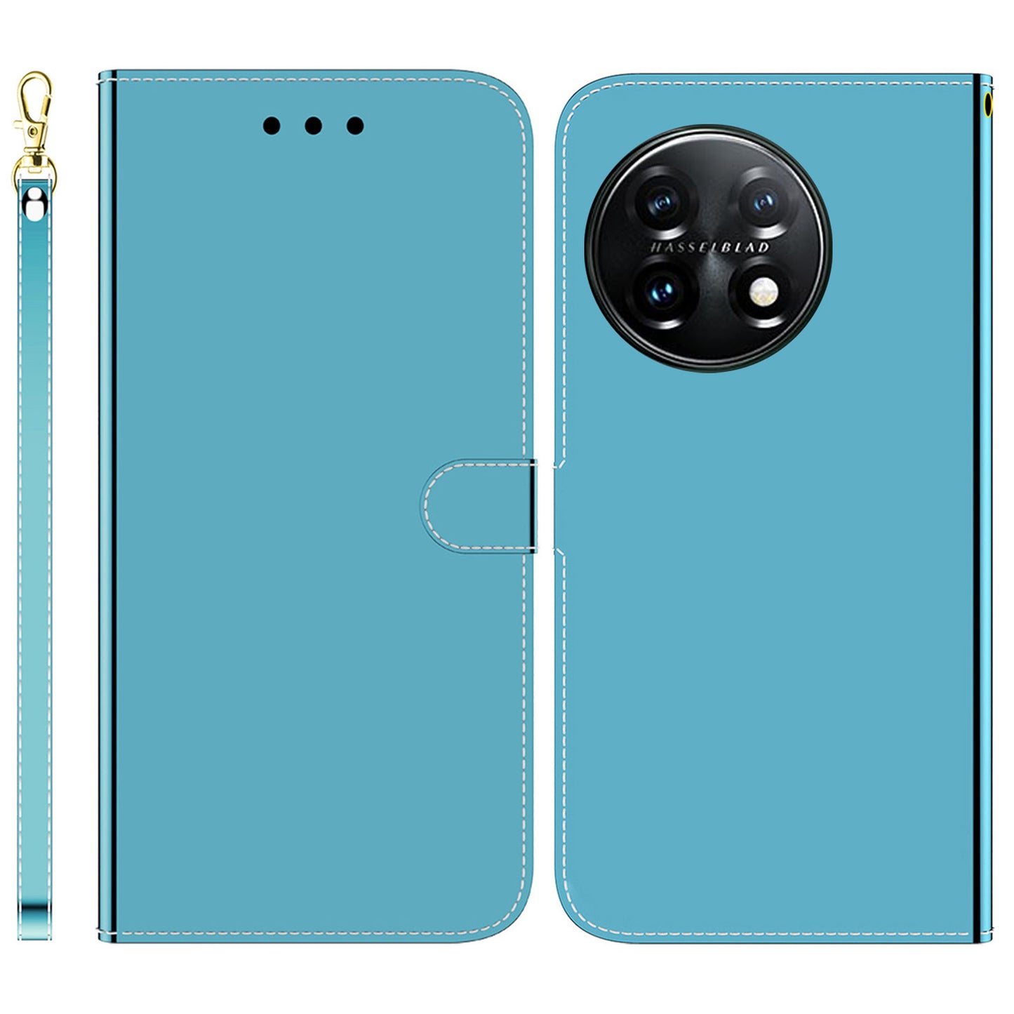 For OnePlus 11 5G Mirror-like Surface Phone Case Stand Wallet PU Leather Shockproof Cell Phone Cover - Blue
