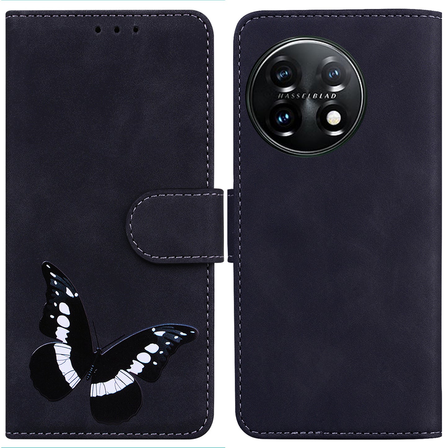 For OnePlus 11 5G Butterfly Printing Skin-friendly Flip Leather Wallet Cover Anti-drop Phone Case Stand - Black