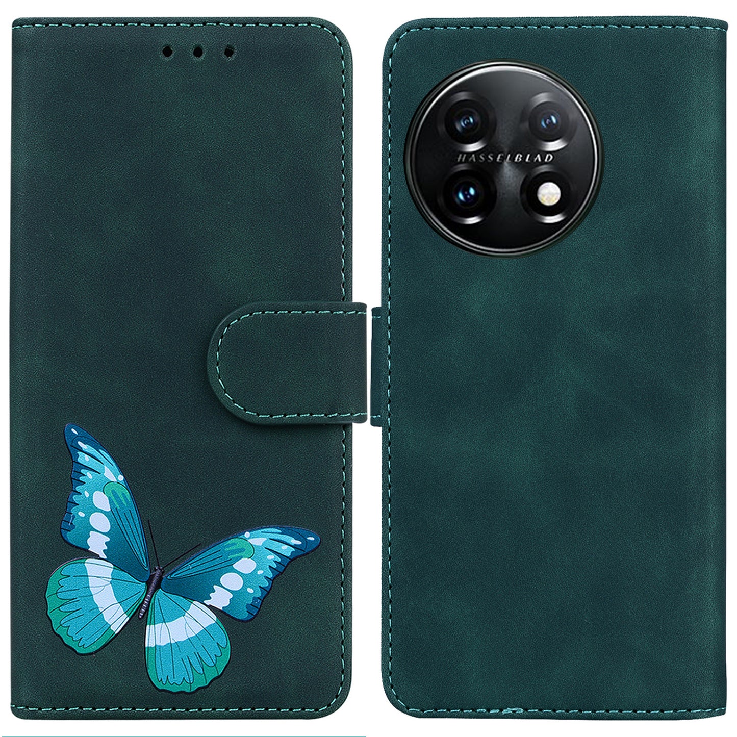For OnePlus 11 5G Butterfly Printing Skin-friendly Flip Leather Wallet Cover Anti-drop Phone Case Stand - Green