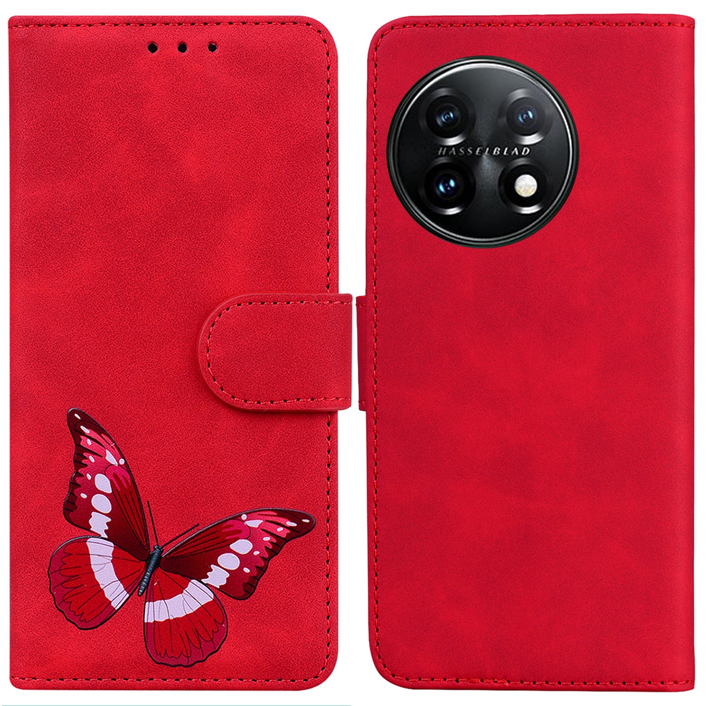 For OnePlus 11 5G Butterfly Printing Skin-friendly Flip Leather Wallet Cover Anti-drop Phone Case Stand - Red