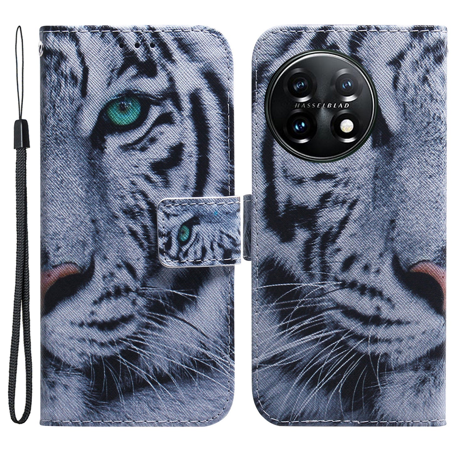 For OnePlus 11 5G Anti-fall PU Leather Phone Case Pattern Printing Stand Flip Wallet Cover with Strap - Tiger Head