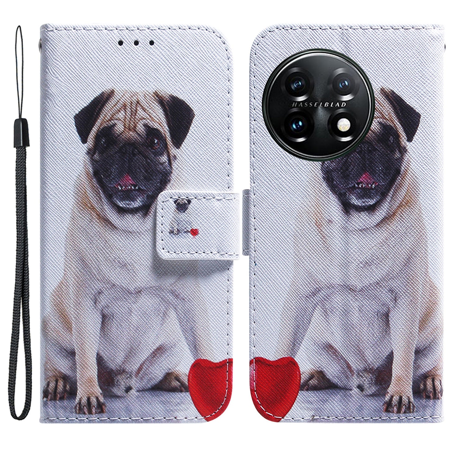 For OnePlus 11 5G Anti-fall PU Leather Phone Case Pattern Printing Stand Flip Wallet Cover with Strap - Pug