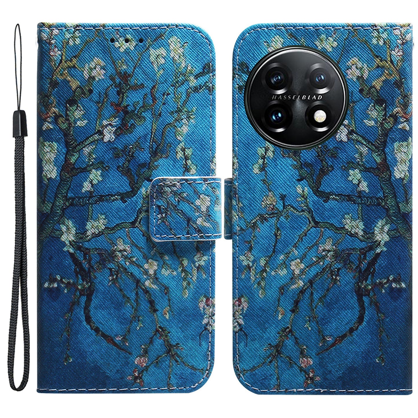 For OnePlus 11 5G Anti-fall PU Leather Phone Case Pattern Printing Stand Flip Wallet Cover with Strap - Apricot Flowers
