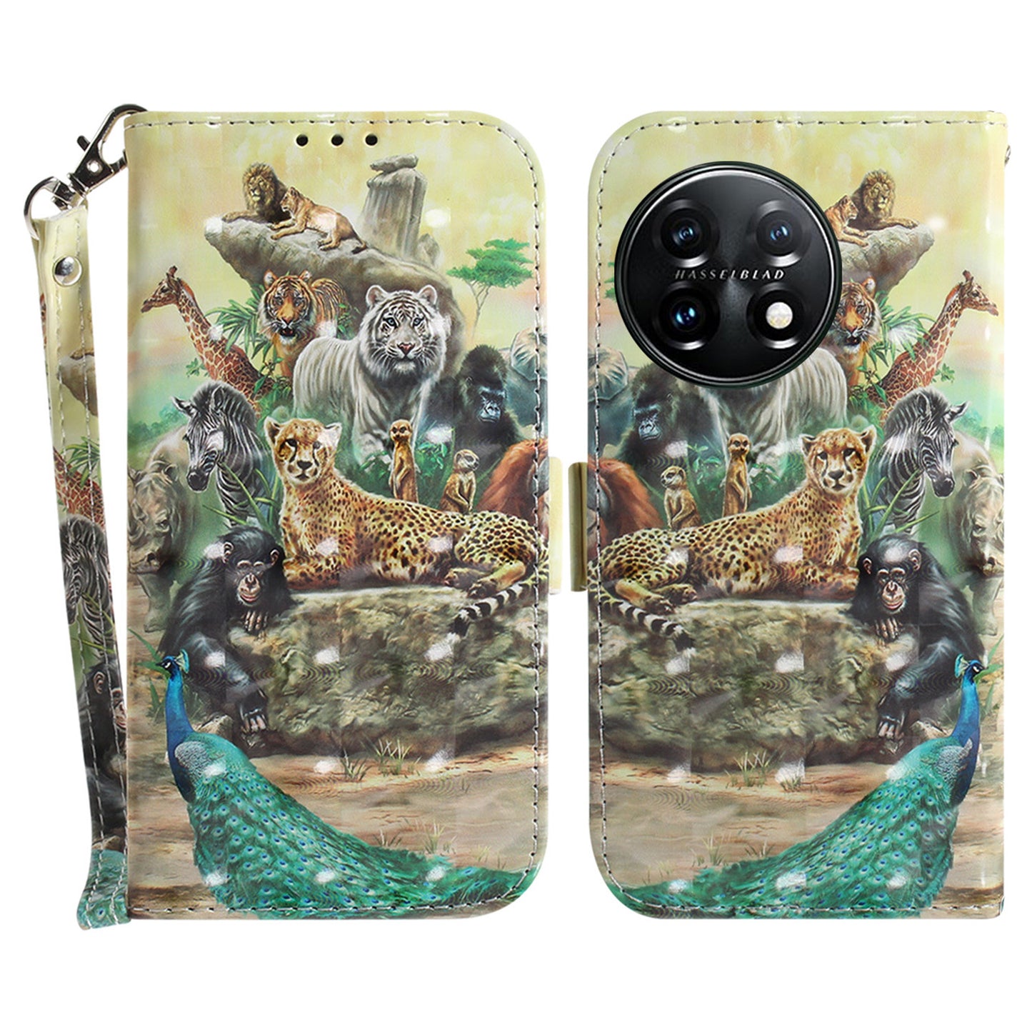 Anti-drop Cell Phone Cover for OnePlus 11 5G Pattern Printing Leather Wallet Phone Stand Case with Strap - Animals