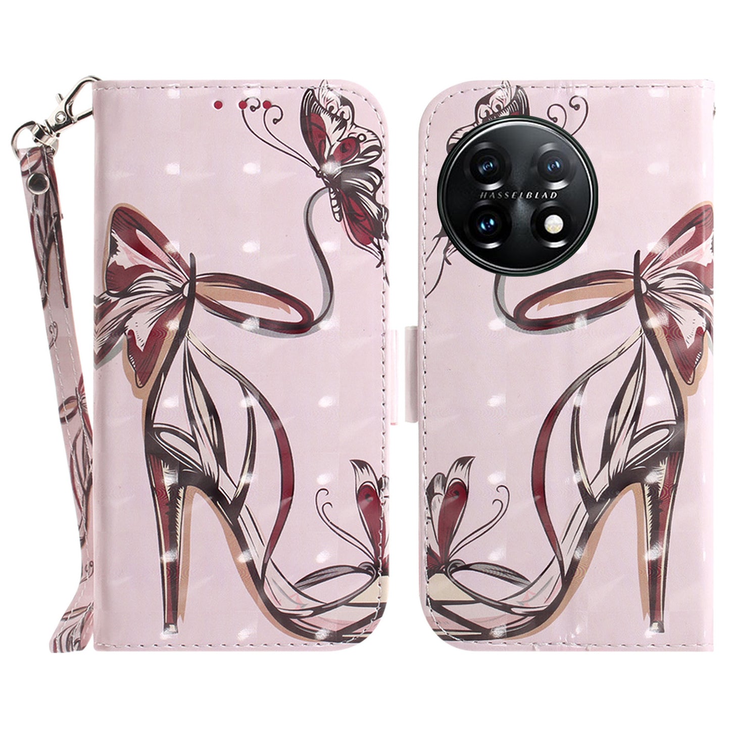 Anti-drop Cell Phone Cover for OnePlus 11 5G Pattern Printing Leather Wallet Phone Stand Case with Strap - Butterfly High Heels